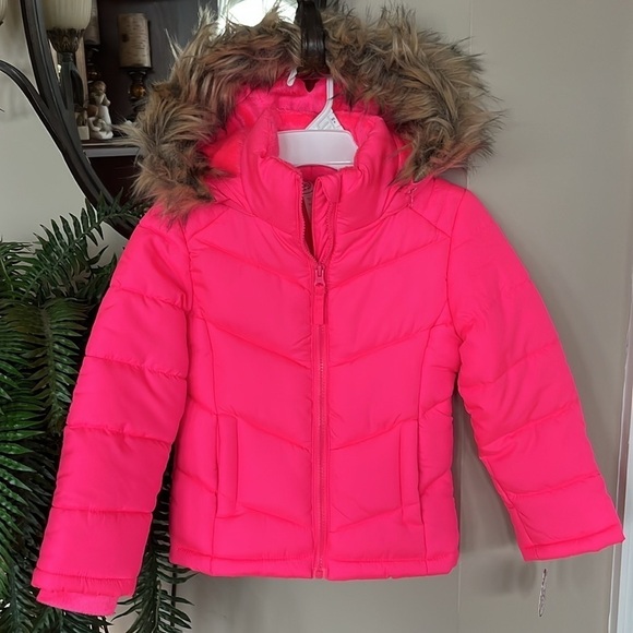 Brand New SO Bright Neon Pink Zip Up Winter Jacket Hooded Puffer Faux Fur Trim - Picture 1 of 15